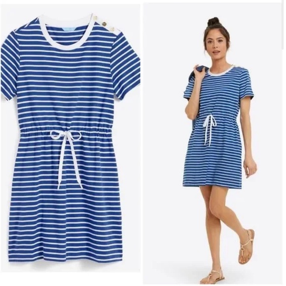 New DRAPER JAMES Blue/White Stripe Nautical Tie Waist Tee Shirt Dress Size M - Picture 1 of 10